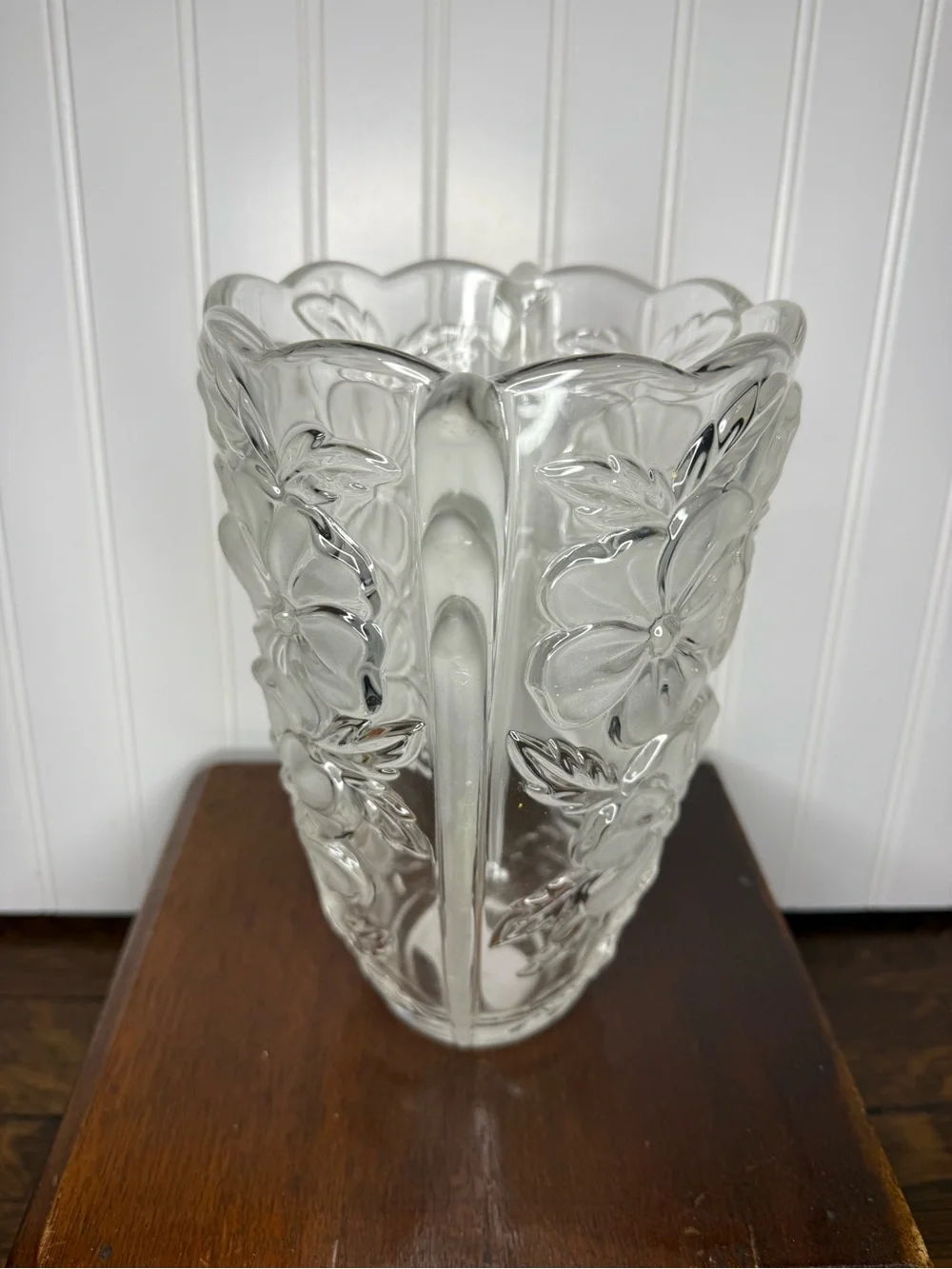 9.5” Studio Nova Frosted Pansy Bouquet Frosted Clear Glass Vase Winged Handles